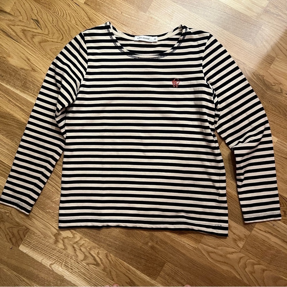 Carin Wester Striped Sweater with boatneck, black and cream striped, size Medium - Picture 2 of 6